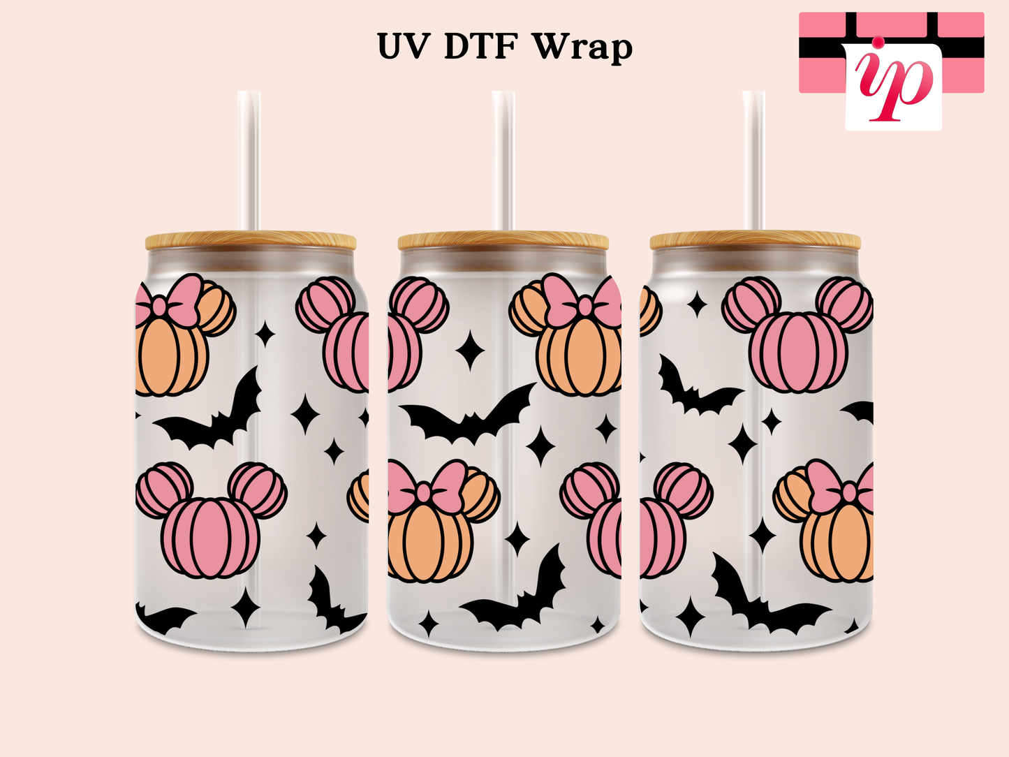 Halloween Pumpkins Mickey and Minnie Ears Pink UV DTF Cup Wrap