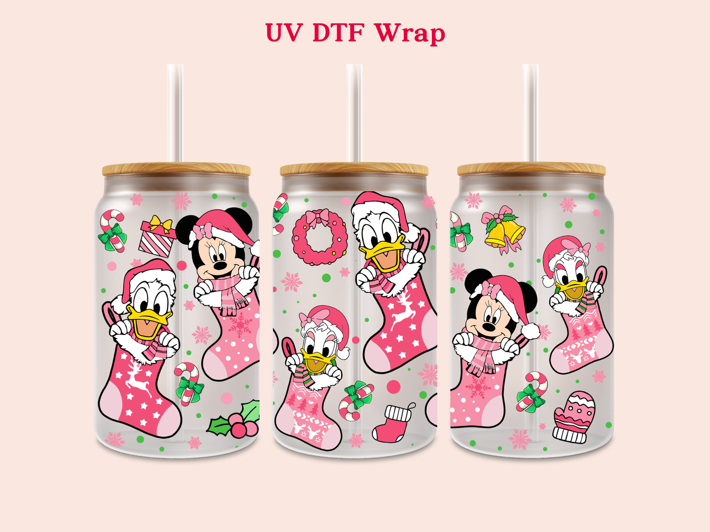 Pink Christmas Stockings M V1 UV DTF Wrap