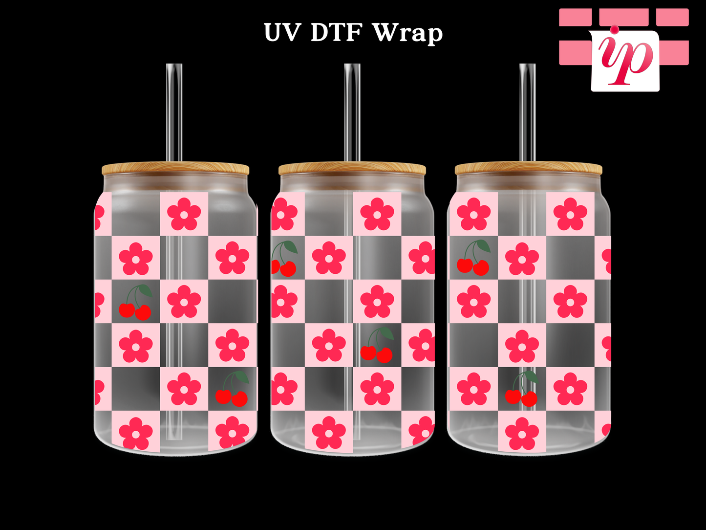 Checkered Background Flowers & Cherries UV DTF Wrap