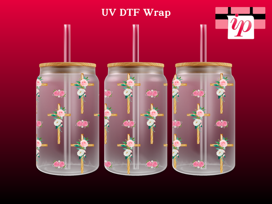 Pink Roses Wooden Crosses UV DTF Wrap