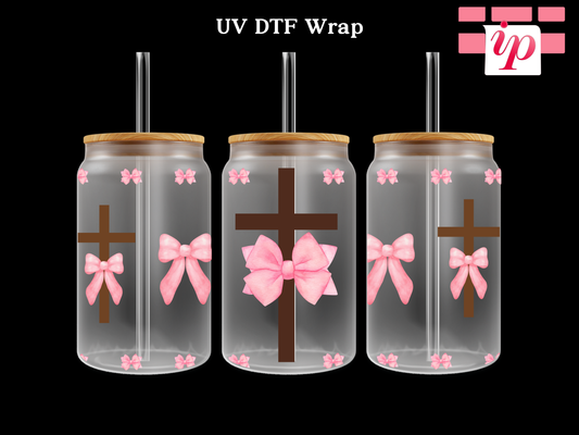 Brown Cross Coquette Pink Bow UV DTF Wrap