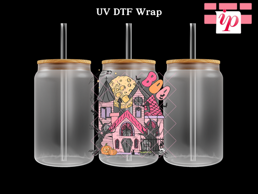 Boo Pink Haunted House UV DTF Decal