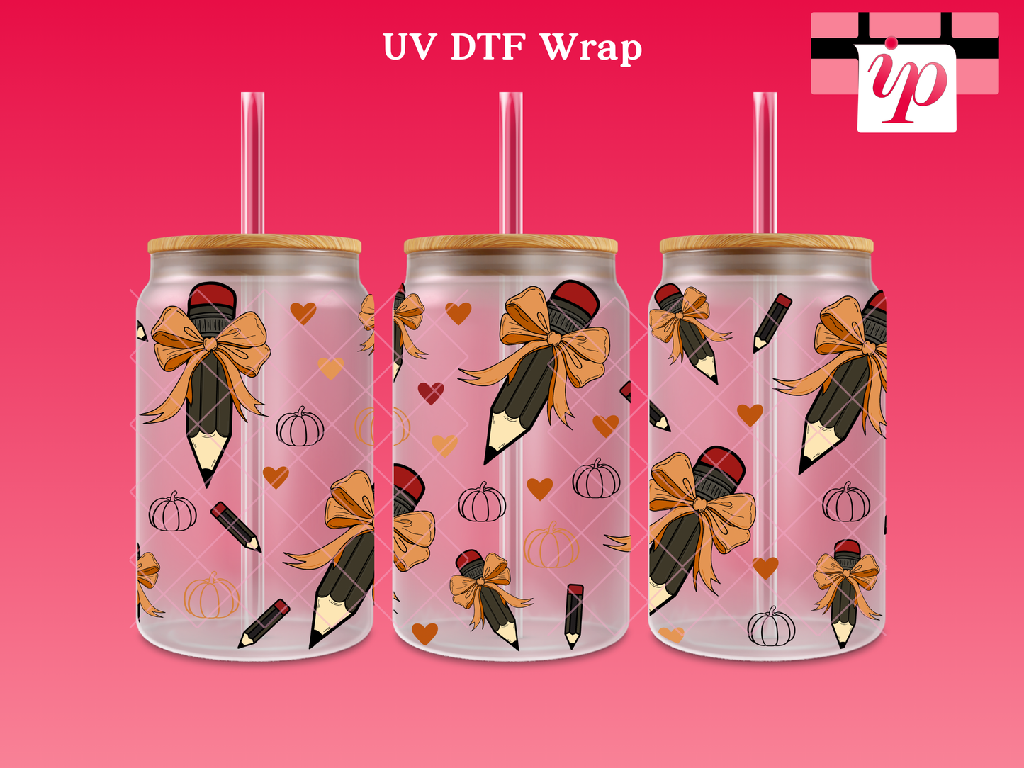 School Pencil Coquette Orange Bow and Hearts UV DTF Cup Wrap