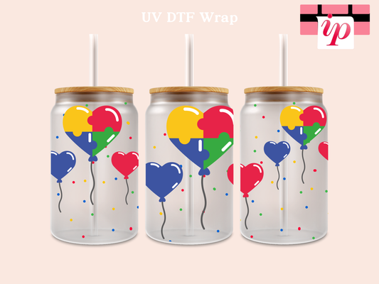 Autisim Heart Balloons UV DTF Cup Wrap