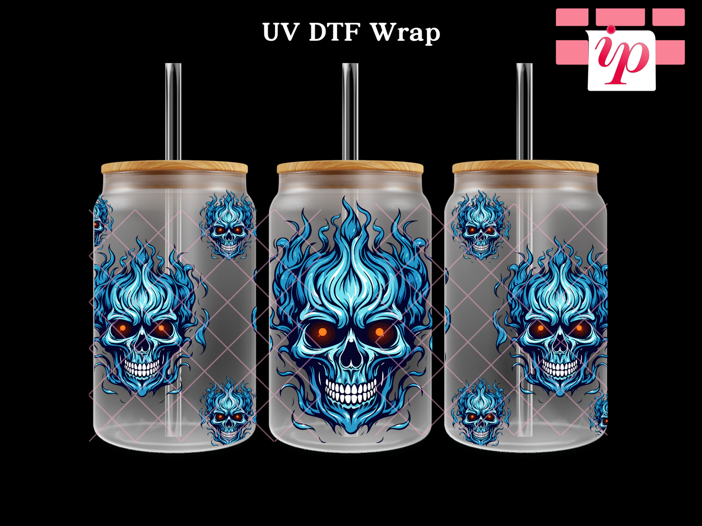 Blue Skulls on Fire UV DTF Cup Wrap