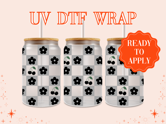Checkered Background Flowers & Cherries UV DTF Wrap