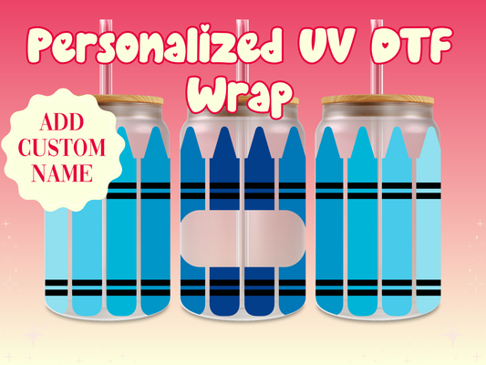 Crayons Personalized Teacher Name UV DTF Cup Wrap {Blues - Dark}
